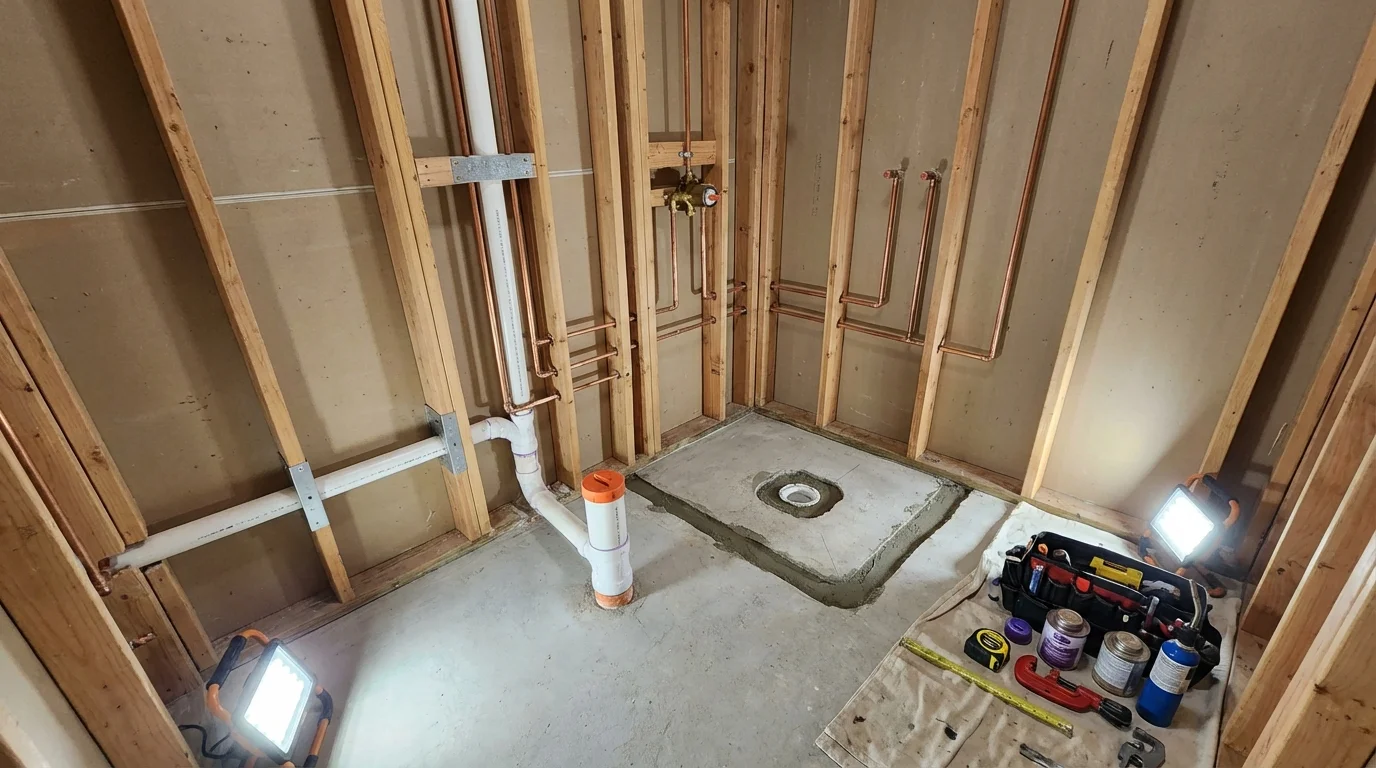 Bathroom rough-in plumbing during remodel by Johns Plumbing LLC in Sand Lake
