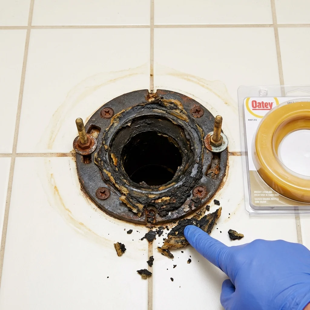 Failed wax ring showing water seepage at the base of a toilet in a Sand Lake, MI home