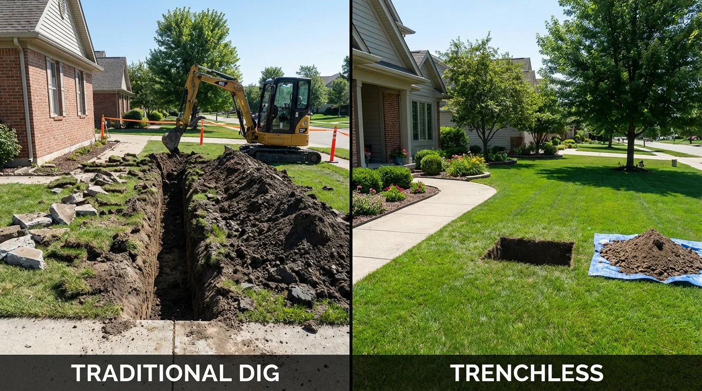 Trenchless sewer repair with minimal yard damage versus traditional excavation in Sand Lake, MI