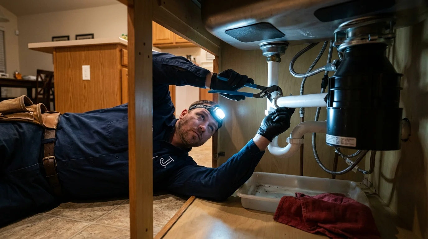 P-trap and supply line connections under a kitchen sink showing a common leak point in Sand Lake, MI